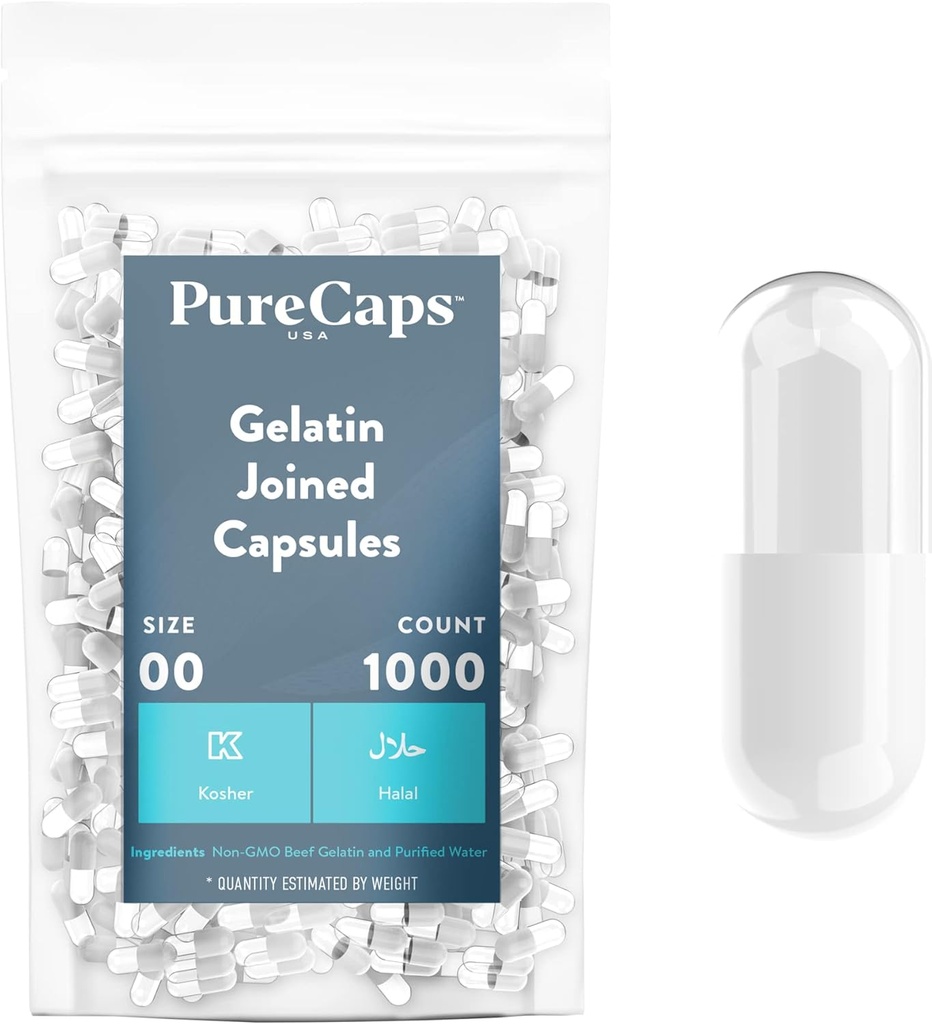 PureCaps USA - Leere Gelatine Kapseln Größe 00| 1.000 verbundenen Pillen White Weiß/Clear| Nicht-GMO zertifiziert | SLS, Gluten, Konservierungsmittelfrei