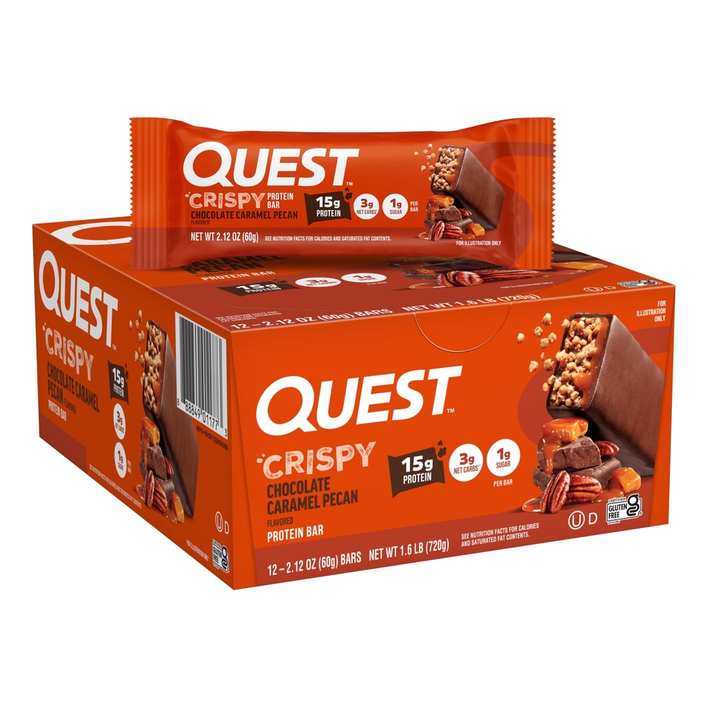 Quest Nutrition Crispy Chocolate Caramel Pecan Hero Protein Bar, 15g Protein, 1g Zucker, 3g Net Carb, Gluten Free Protein Snack, Keto Friendly, 12 Count
