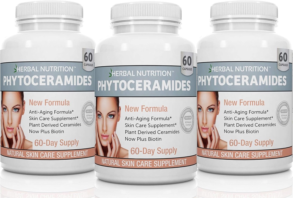 Kräuternahrung Phytoceramide aus Reis mit Biotin Vitamin A, C, D und E, Drei Flaschenpackung, 180 Kapseln 40mg