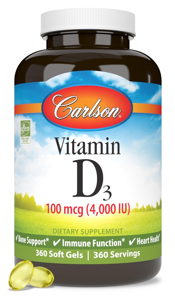 Carlson - Vitamin D3, 4000 IU (100 mcg), Knochen & Immune Gesundheit, Cholecalciferol Supplement, Glutenfreie Vitamin D Kapseln, 360 Softgels