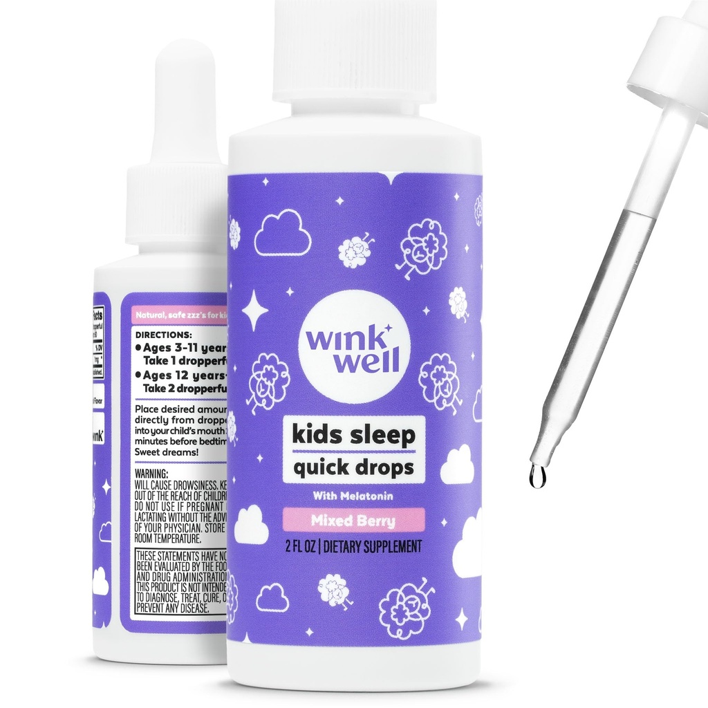 Clin d'oeil enfants gouttes liquides de mélatonine- gouttes naturelles de sommeil bébé pour l'aide au sommeil des tout-petits avec 1mg par service-non addictive pour les enfants Melatonine liquide- 2 Oz