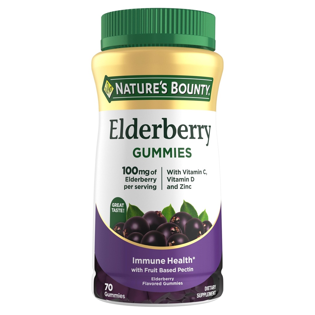 Nature's Bounty Elderberry Gummies, Nahrungsergänzung, Unterstützt Immungesundheit, Enthält Vitamin A, C, D, E und Zink, 100 mg, 70 Gummies