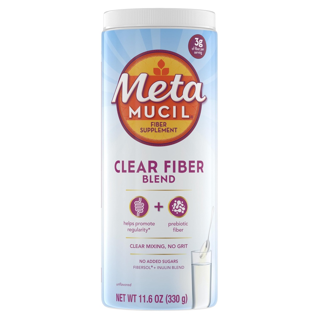 Metamucil Fiber Supplement, Unflavored Clear Mixing Powder, No Grit, No Sugar Hinzugefügt, Pflanzenbasierte Prebiotic Fiber Supplement Blend für tägliche Verdauungsgesundheit, 75 Teelöffel