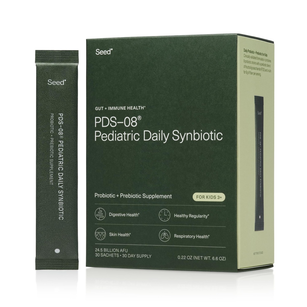 Semences PDS-08 Synbiotique quotidien pédiatrique - Prébiotique et probiotique à base de fibres pour les enfants - Santé digestive, régularité, soulagement de la constipation - Âges 3-17 - Vegan et plateau-stable - 30 sachets (30 jours)