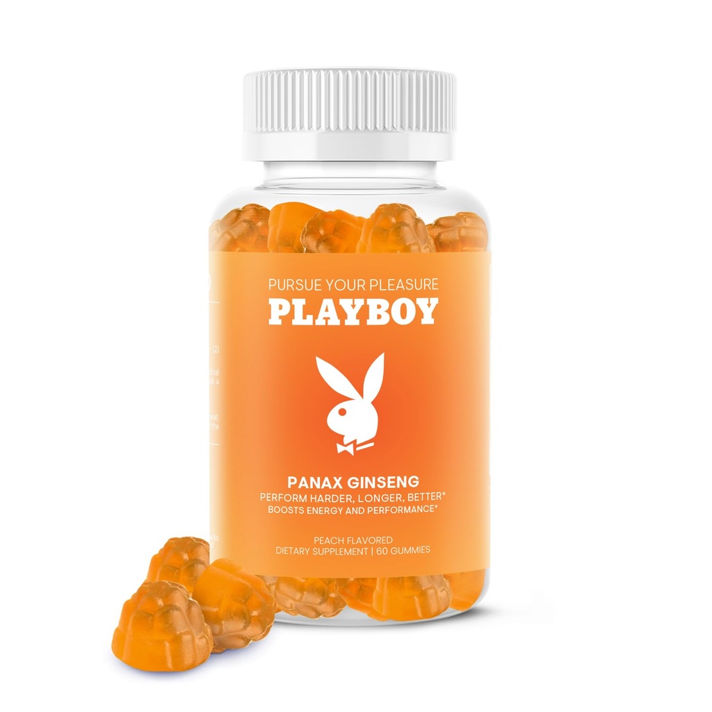 Playboy – Ginseng Gummies (60 comte - pêche aromatisée) - Performer plus dur, plus long, mieux - Panax Ginseng supplément Gummy pour les hommes et les femmes - 100% naturel, végétalien non OGM racine de ginseng 6:1 Extrait