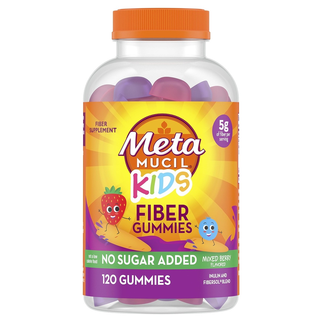 Metamucil Kids Fiber Gummis, kein Zucker Hinzugefügt, 5g Prebiotic Plant-Based Fiber Supplement Blend, gemischte Berry Flavored, 120ct Gummies