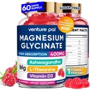 60 jours d'approvisionnement Magnésium Glycinat 400mg Gommies avec Ashwagandha, L-Theanine, CoQ10, Vitamine D3 & B6, sans sucre Gommies de magnésium pour adultes et enfants, soulagement du stress, sommeil et calme, végétalien, sans gluten