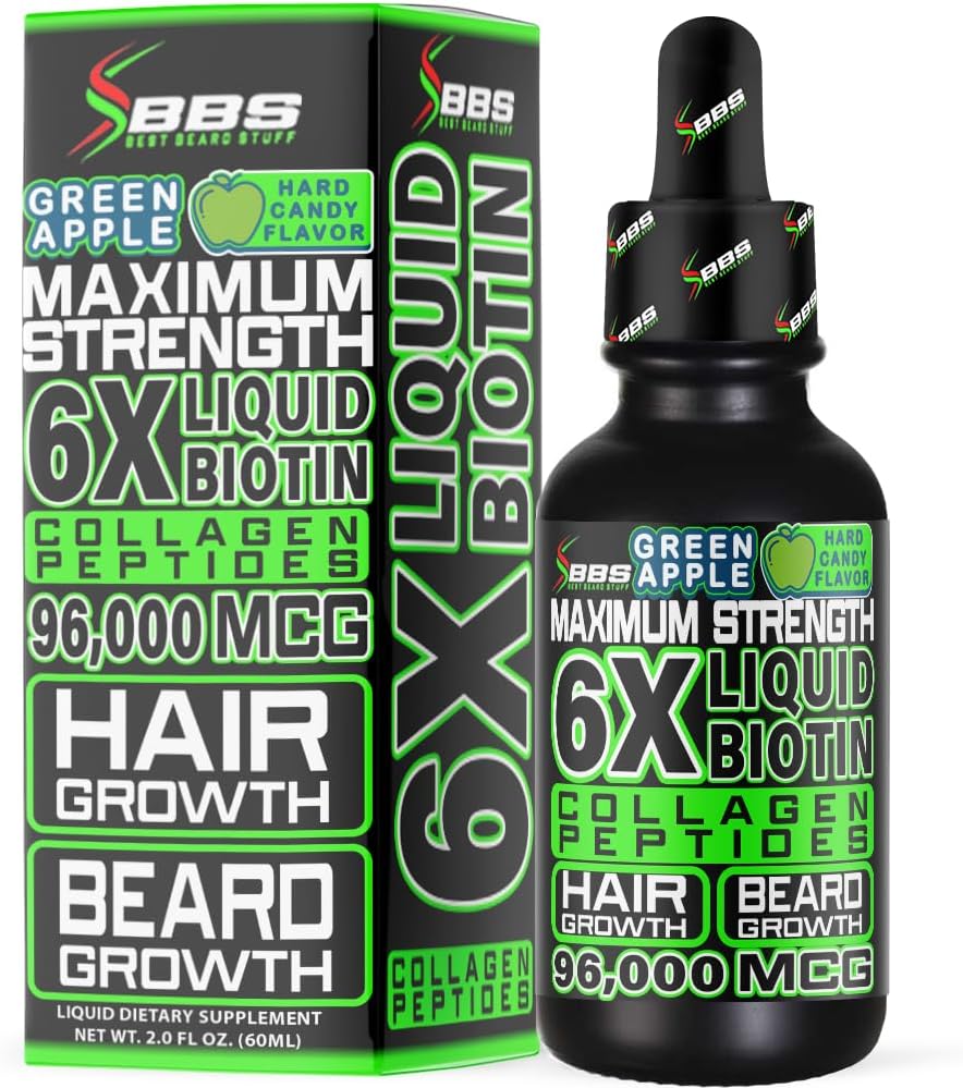Peptides de collagène de biotine liquide pour la croissance et l'épaississement de la barbe - Supplément de croissance de la barbe et des cheveux pour hommes - Biotine gouttes liquides 96.000mcg 6X Plus Absorption