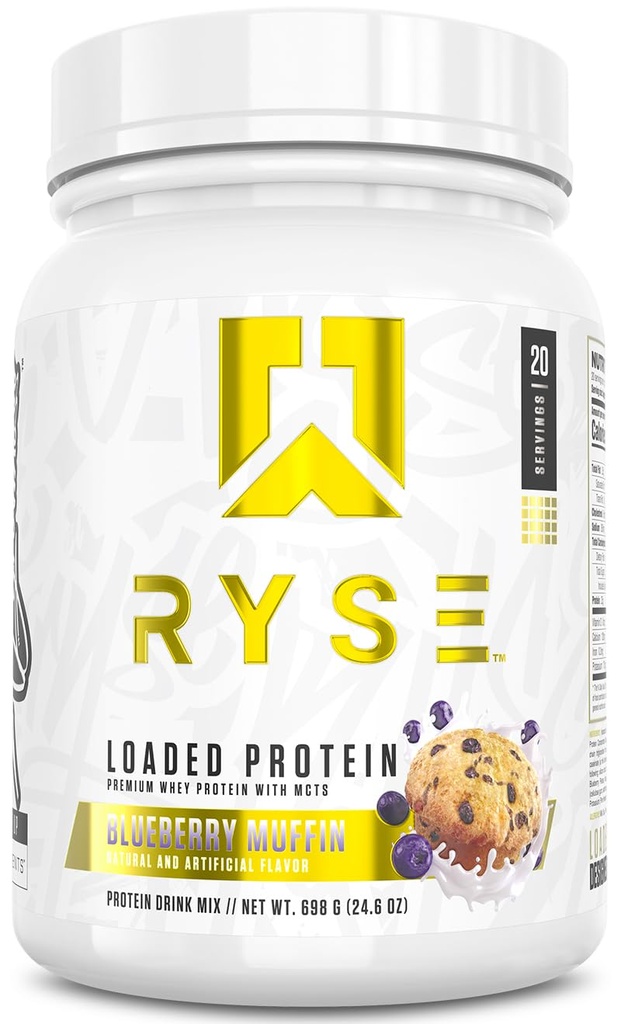 RYSE Loaded Protein Powder - Blueberry Muffin - 25g Whey Protein Isolate & Concentrate with Prebiotic Fiber & MCTs - Low Carb, Low Sugar, Digestive-Friendly - 20 Servings / 1.5 lb Tub