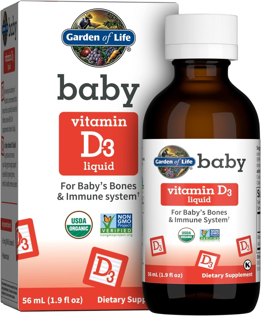Garten des Lebens Baby Vitamin D3 Flüssigkeit, 600 IU (15 mcg) Organisches flüssiges Vitamin D für Infants & Kleinkinder, Unterstützung für Baby Bones & Immunsystem, Gluten Free & Non-GMO, 56 mL (1.9 fl oz) Flüssigkeit