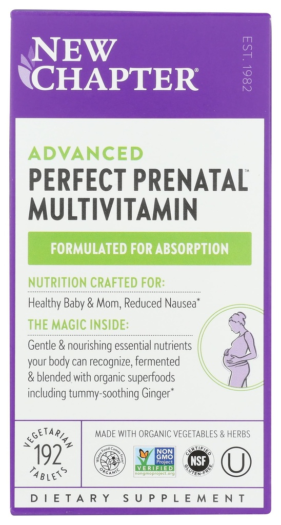 Nouveau chapitre Vitamines prénatales parfaites, Vitamines prénatales organiques, Ingrédients non OGM pour bébé et maman en santé - Folate (méthylfolate), Fer, Vitamine D3, Fermenté avec des aliments entiers et probiotique, 192 nombre