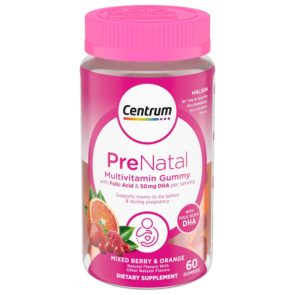 Centrum Prenatal Multivitamin-Gummien mit DHA und Folsäure, Mischbeere und Orange Flavors - 60 Count, 30 Day Supply