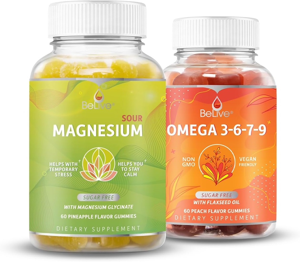 BeLive Magnesium GLycinate & Omega 3-6-7-9 Bundle für Entspannung, Schlaf, Gehirn, Herz &amp; Inmun-Systemunterstützung