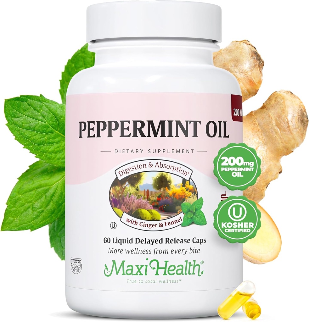 Maxi Health Peppermint Öl Kapseln – Bio Ginger Öl & Fennel Delayed Release Capsule – Ingestible Dietary Kosher Peppermint Supplement für Verdauungsunterstützung (60 Kapseln)