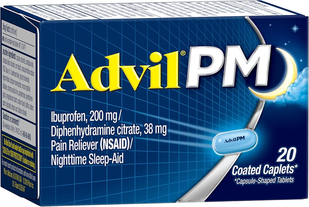 Advil PM (20 Count) Schmerzlinderung/Nachtzeit Schlafhilfe beschichtetes Caplet, 200mg Ibuprofen, 38mg Diphenhydramin