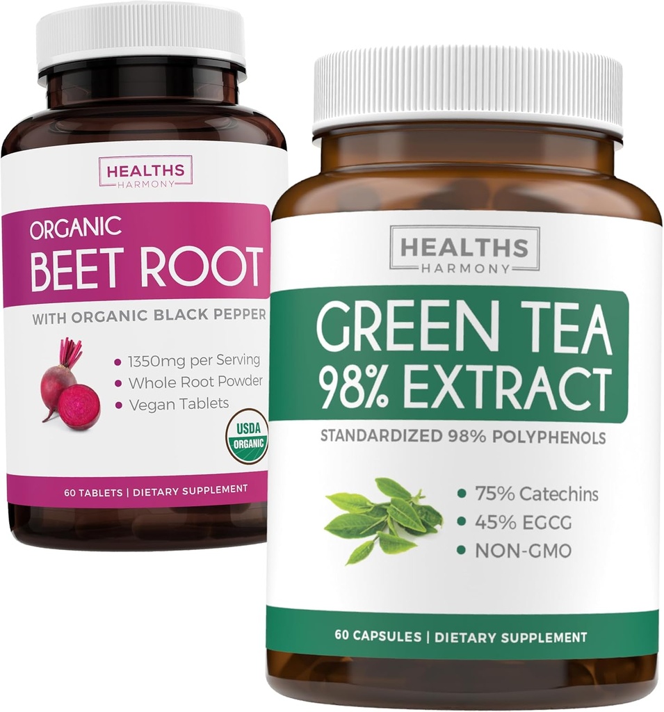 Beet Root & Green Tea Extract (1-Month Supply) Detox Power Duo - Organic Beet Root mit schwarzem Pfeffer für Absorption 1250mg (60 Tabletten) & Green Tea Extract 98% mit EGCG 1000mg pro Portion (60 Kappen)