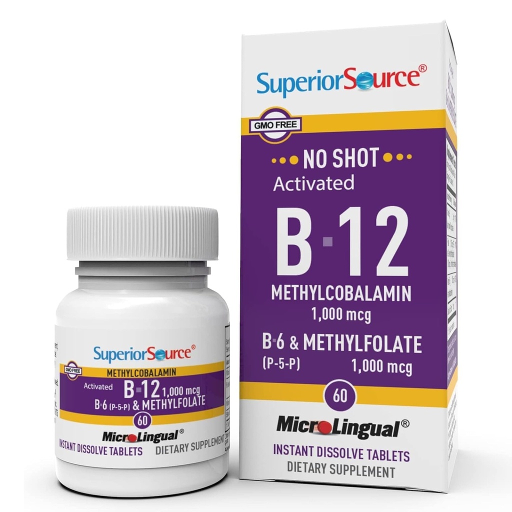 Source supérieure Pas de shot Vitamine B-12 Méthylcobalamine 1000 mcg, B-6, et méthylfolate 1000 mcg - Soutienne l'énergie, le cerveau et la santé cardiaque - Bariatrique - 60 comprimés sublinguals de dissolution