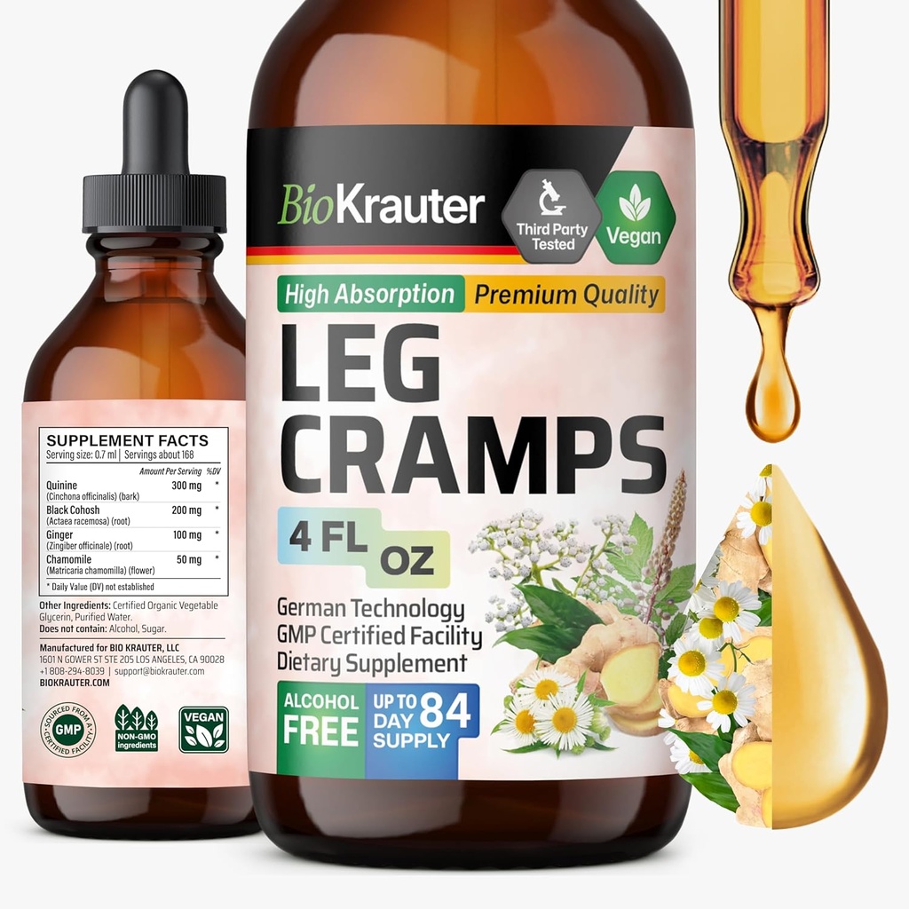 BIO KRAUTER Leg Cramps Tincture mit Quinine - Ginger & Chamomile Flüssige Extrakte für Leg Cramps - Natürliche Alkohol &amp; Zucker freie Formel - Vegan Tropfen 4 Fl.Oz.