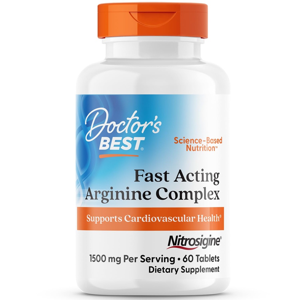 Doctor's Best Fast Acting Arginine Complex - L Arginine Ergänzungen für Männer & Frauen, Hilft Nitric Oxide Level, Blutfluss & Herz-Kreislauf-Gesundheit Unterstützung, 1500 mg pro Servieren, Vegan - 60 Tabletten
