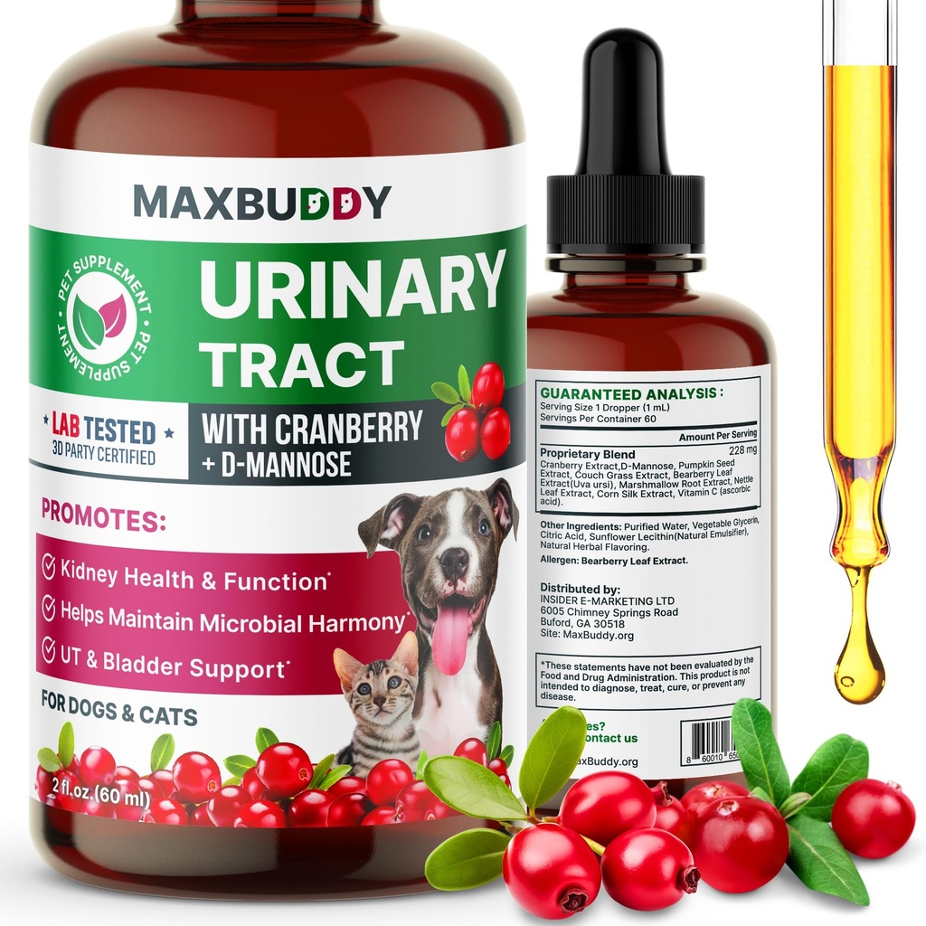 MaxBuddy Natural UTI Treatment Support - Cranberry Urinary Tract Infection Care & Prevention Assistance for Cats and Dogs – Kidney & Bladder Wellness Supplement Drops - Unterstützung für Urine Flow