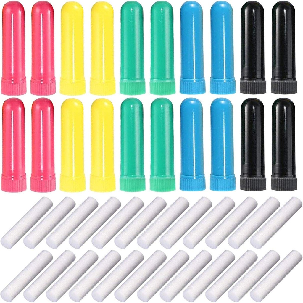 24 Pcs Huile essentielle Aromathérapie Inhalateur, Inhalateur nasal rechargeable Blanks avec des Wicks sans parfum, Couleurs assorties
