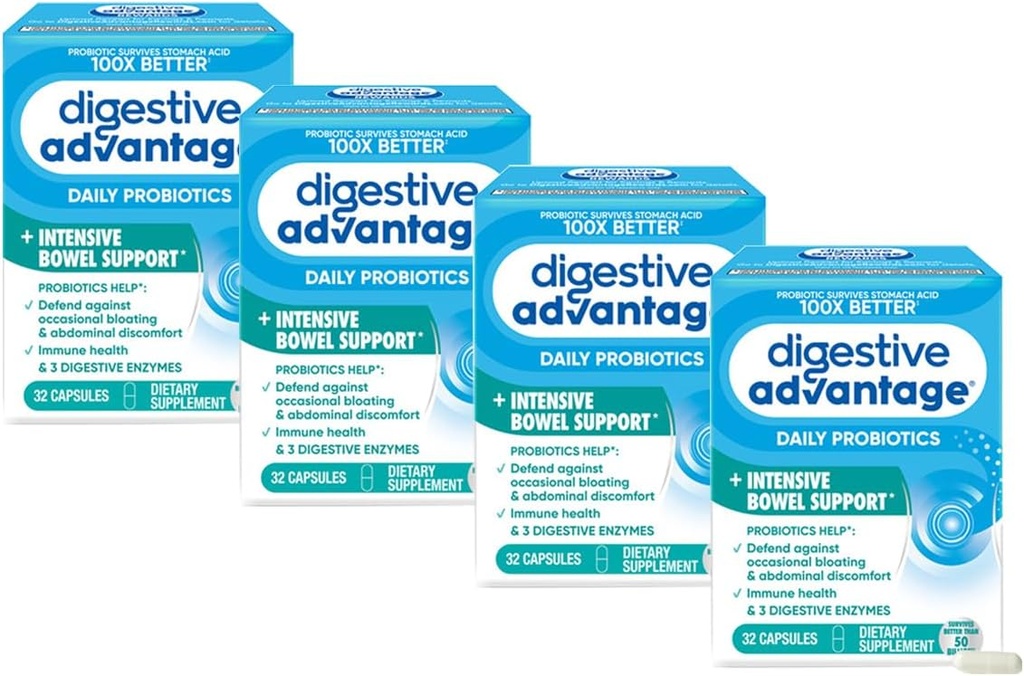 Avantage digestif Soutien intensif de l'intestin Probiotique se défend contre le gaz et le ballonnement, 32 capsules de comptage (4 pack)