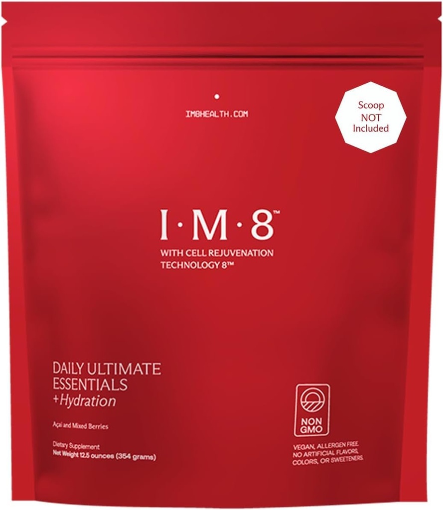 IM8 Daily Ultimate Essentials All-in-1 Multivitamin Supplement, 92 Nährstoffreiche Inhaltsstoffe CoQ10, Probiotika, Vitamine, Grüne, GF, Acai Mischbeere (30 Servierungen, Nachfüllbeutel)