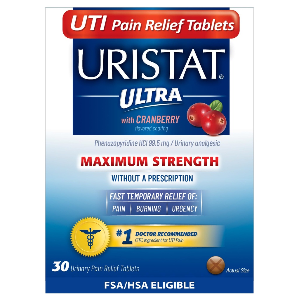 Uristat Ultra UTI Schmerzlinderung Tabletten, Fast Urinary Tract Infektion Relief von Urinary Pain, Brennen, Härte, Maximale Stärke, Cranberry Flavored Coating, 30 Tabletten