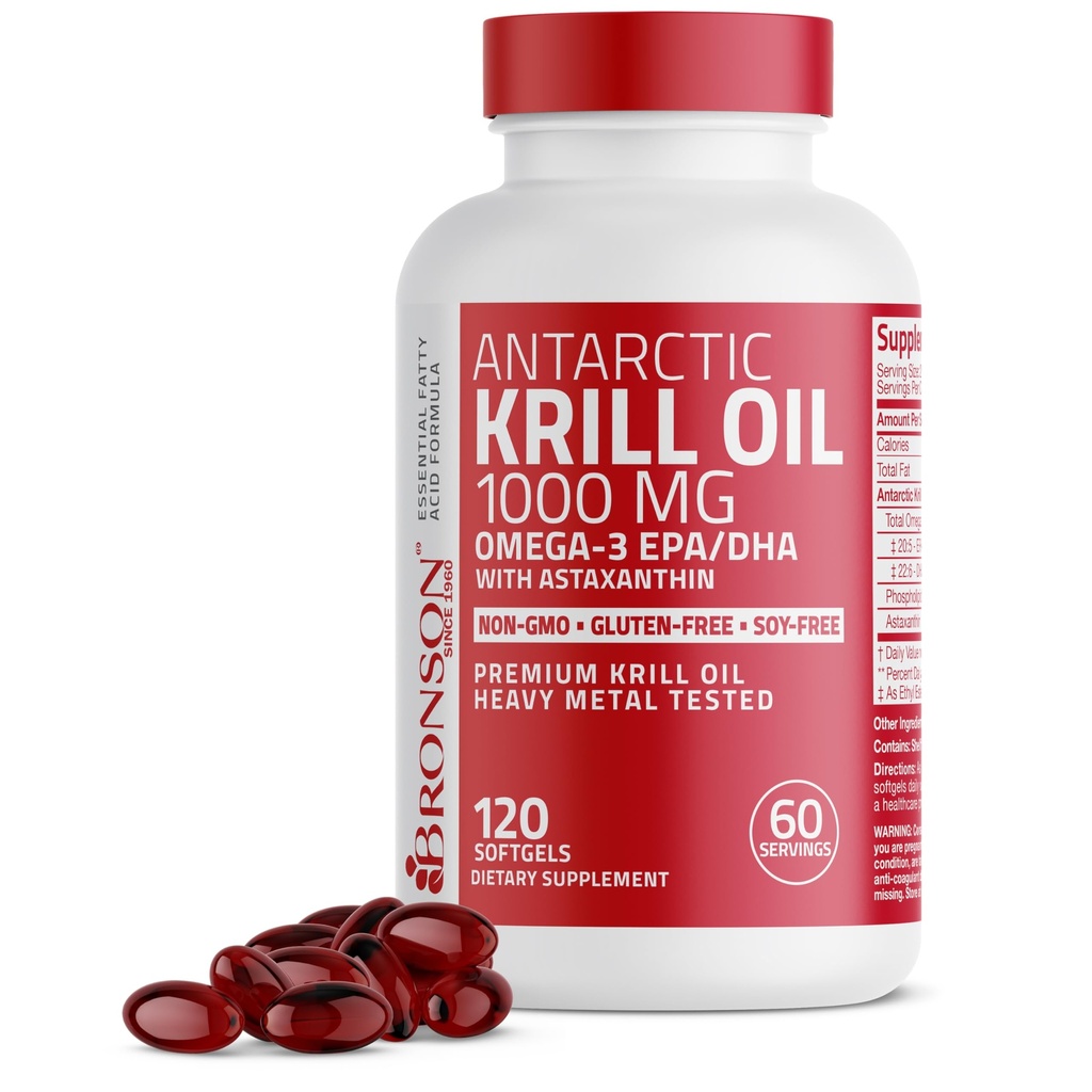 Bronson Antarctique Krill Oil 1000 mg avec Omega-3s EPA, DHA, Astaxanthin et Phospholipides 120 Softgels