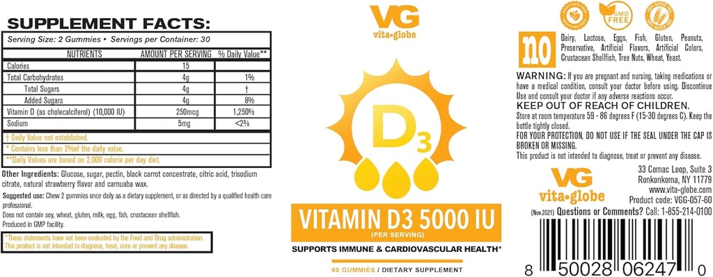 VITA GLOBE Vitamin D3 10.000IU 250mcg mit Zink und Echinacea Gummy - Unterstützt gesundes Immunsystem, starke Knochen, Zähne und Muskeln, 120 Zähler (Pack von 2)