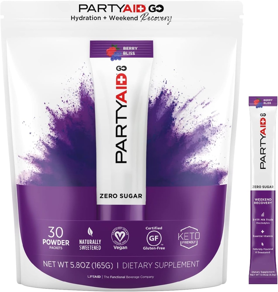 PARTYAID GO feel good ce soir et demain, Zéro sucre, 5-HTP, complexe B, chardon de lait, électrolytes, aucun parfum artificiel ou édulcorants, sans caféine, 30 comte (paquet de 1)