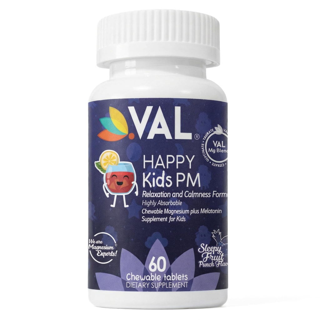 VAL Happy Kids PM – Sugar-Free Chewable Magnesium mit Melatonin | Sleep Support für Kinder | Magnesium Glycinate + Citrate + Taurate | B6, C | Fruit Punch | 60 Tabletten | Non-GMO