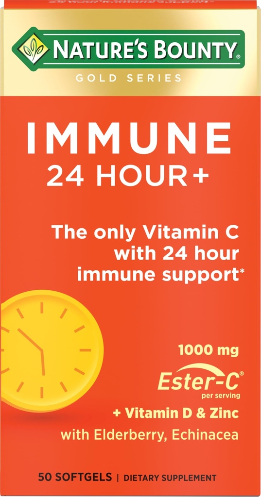 Nature's Bounty Immune 24 Hour +, Das einzige Vitamin C mit 24 Hour Immununterstützung von Ester-C, 1000 mg Vitamin C, D & Zink, Glutenfrei, Rapid Release Softgels, 2 Softgels pro Tag, 50 Count