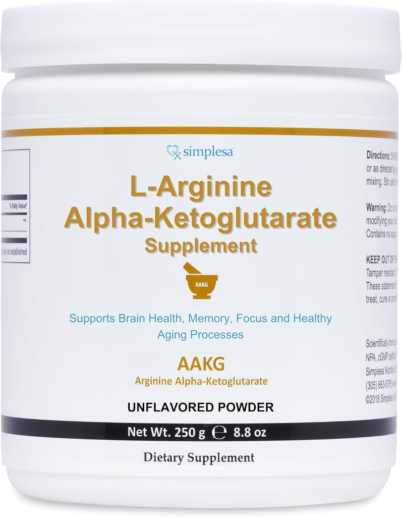 Simplesa AAKG Arginin-Pulver, L-Arginin Alpha-Ketoglutarat-Ergänzung, 2000mg pro Servierung, unterstützt Gehirngesundheit, Gedächtnis, Fokussierung und gesunde Aging-Prozesse, 250g Pulver-Ergänzung