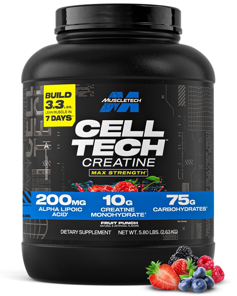 MuscleTech Poudre monohydratée de créatine - Cell-Tech Poudre de créatine post entraînement Recovery Drink, Muscle Builder & Musclebuilding Supplément de créatine - Fruit Punch, 6 lbs (56 Serv) - Emballage May Vary