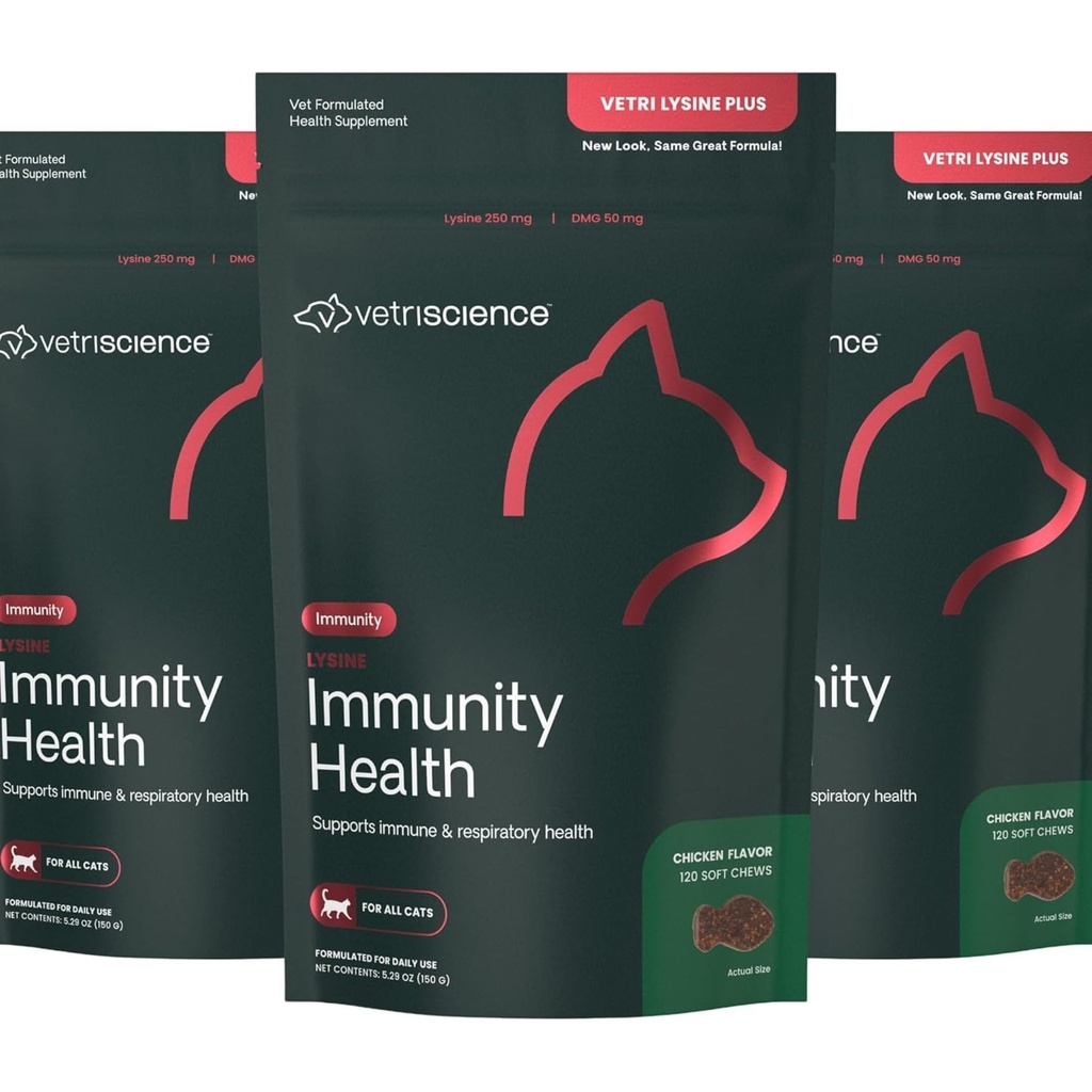 VetriScience Lysine Immunity Health Chews, 250 mg Lysine Plus Immunergänzung für Katzen und Kitten mit Allergien, Niesen, Runny Nase und Wassery Eyes, Huhn, 3 Pack