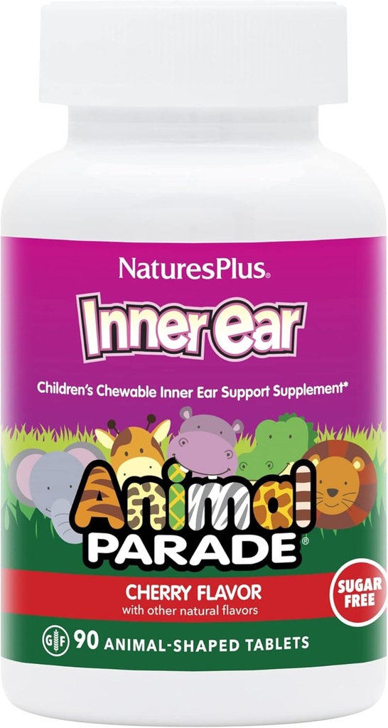 Natures Plus Animal Parade Inner Ear Support Kinder Chewable - Natürliche Kirsche Flavor - 90 Tier-Shaped Tabletten - Probiotische Ergänzung - Glutenfrei - 45 Servierungen