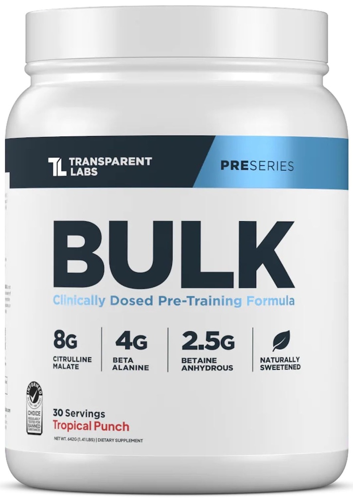 Transparente Labs Bulk Pre Workout Pulver - Natürlich gesüßt Advanced Pre-Workout Formel für Muskelaufbau und Stärke - 30 Servierungen, Tropical Punch