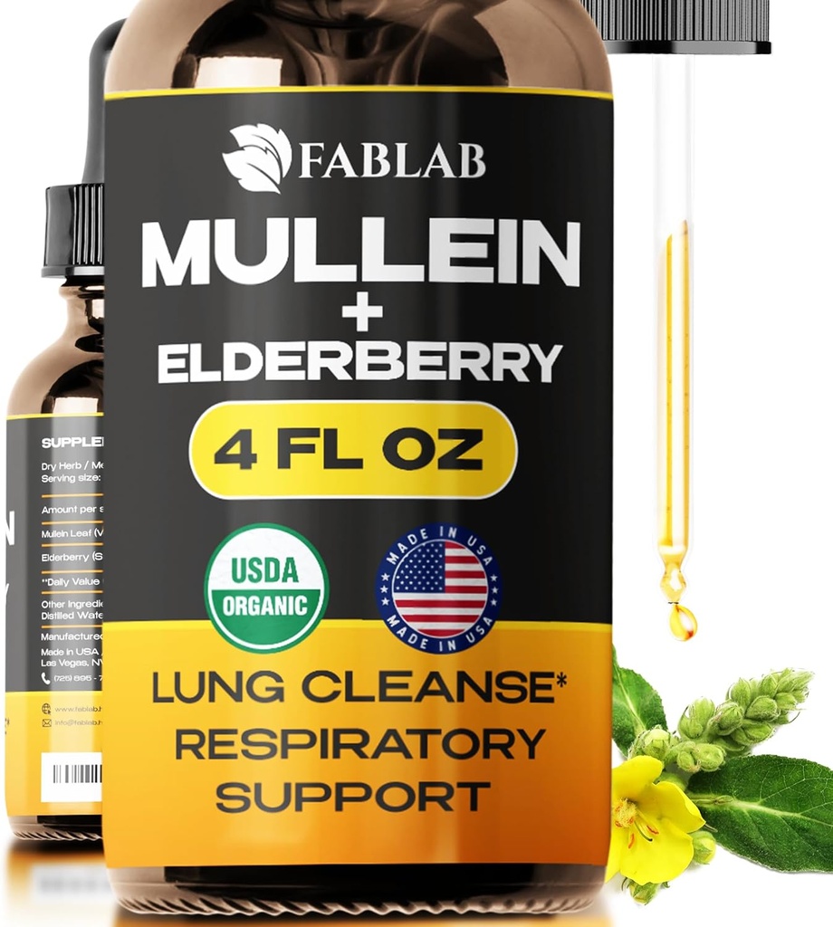 FabLab Mullein Leaf Extract with Elderberry 4 Fl Oz - Fabriqué aux États-Unis - Gouttes pour mieux boire - Teinture de Mullein pour désintoxication pulmonaire - Bronchial Cleanse pour les fumeurs - Supplément à base de plantes respiratoires