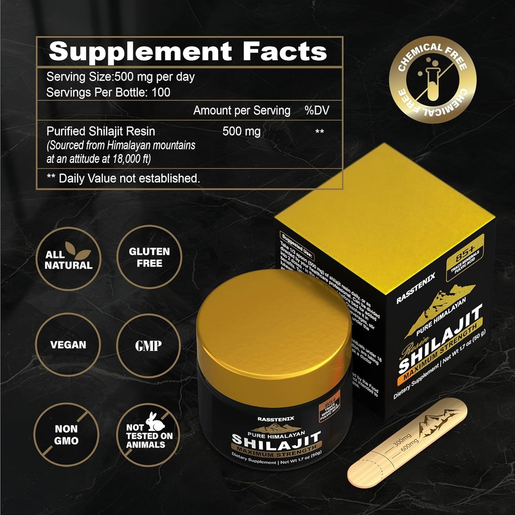 Pure Shilajit Resin 500mg - Maximale Festigkeitsformel mit 85+ Trace Minerals & Fulvic Säure für Energie und Immune Wellness - 50g (1 Packung)