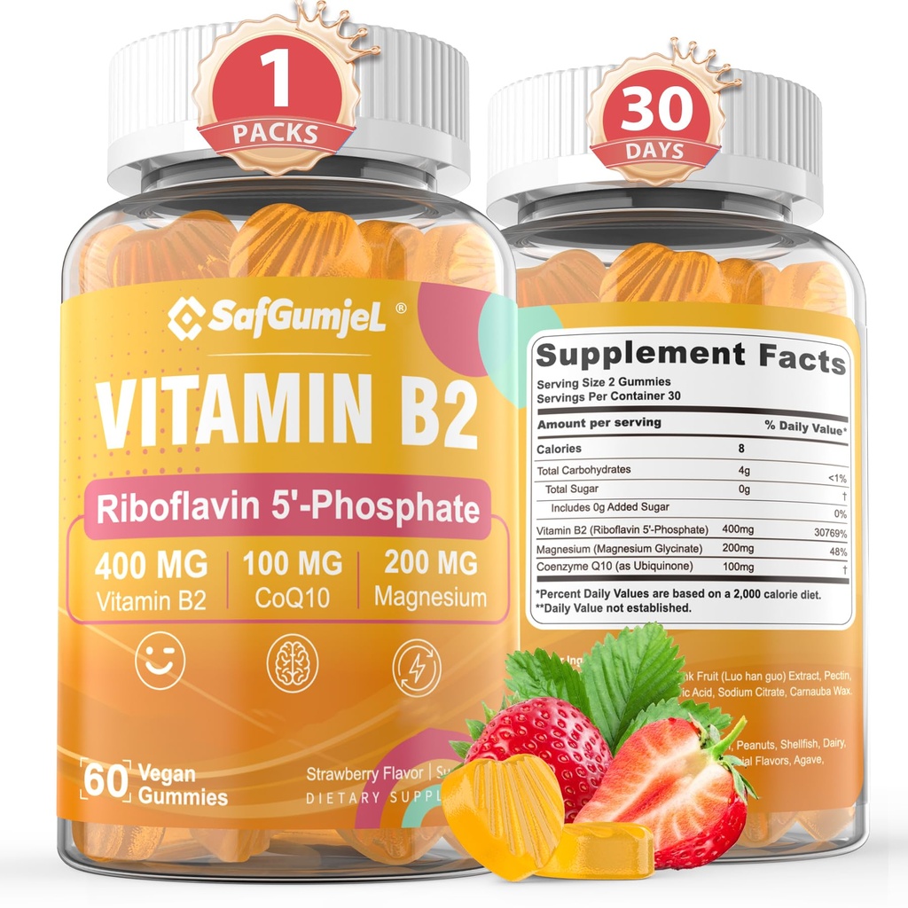 Vitamine B2 Gummies: Riboflavin 400mg avec Magnésium et CoQ10 pour le soulagement de la migraine et des maux de tête: sans sucre, végétalien, goût de fraise, 60 comte