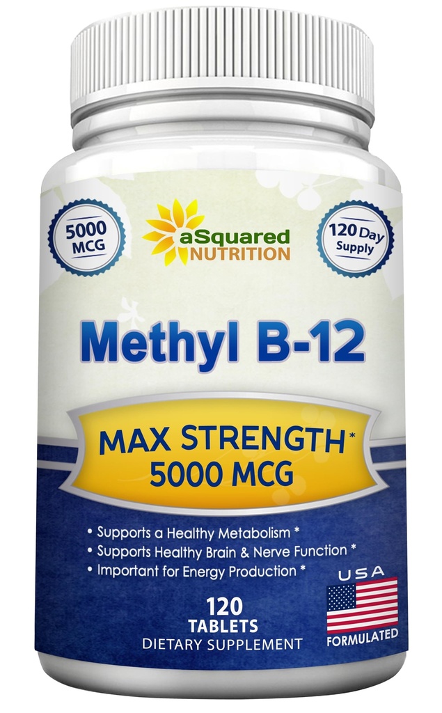 aSquared Nutrition Vitamine B12-5000 MCG Supplément avec la méthylcobalamine (méthyl B-12) - Max Strength Vitamine B 12 Soutien pour stimuler l'énergie naturelle, avantage Cerveau et fonction cardiaque - 120 comprimés
