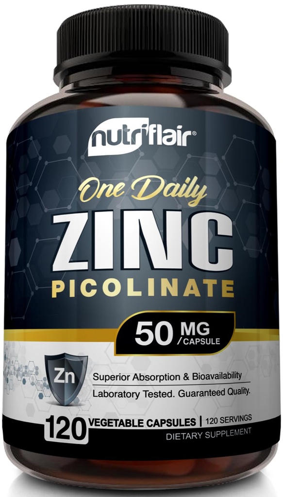NutriFlair Zinkpicolinat 50mg, 120 Kapseln - Maximale Absorption Zinkergänzung Pillen - Immunsystem Booster, Immunitätsverteidigung, leistungsstarkes Nicht-GVO-Antioxidans - Vergleichen Sie mit Gluconat, Citrat, Oxid
