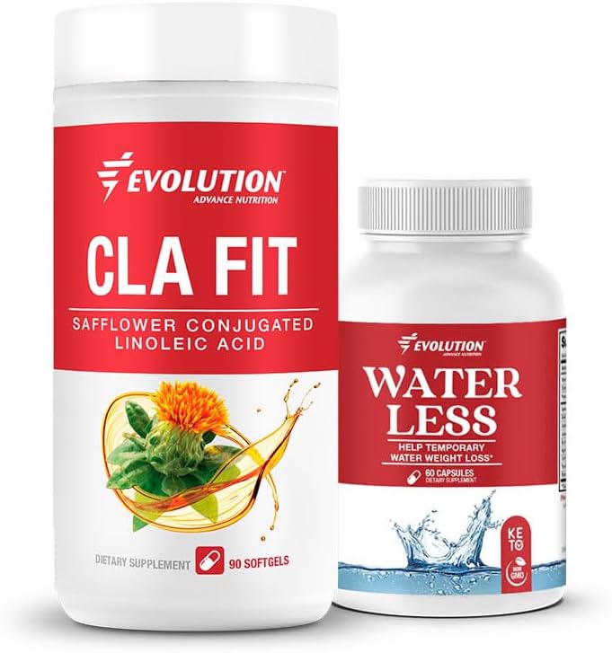 Evolution Advance Sport Nutrition CLA Fit – Safflower Conjugated Linoleic Acid Supplement, Unterstützung Lean Muscle Maß, Förderung von Energie (90 Softgels)+Wasser Weniger – Reduziert Wasserretention (60 Kapseln)