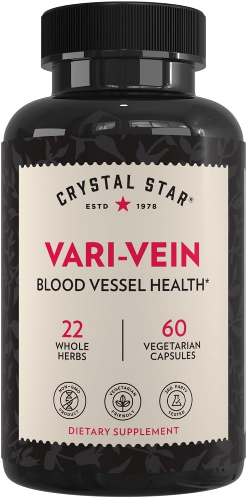 Crystal Star Vari-Vein (60 Kapseln) - Herbale Zirkulation Unterstützung Ergänzung für Varikose Venen & Spider Venen Behandlung - Hexe Hazel, Metzger Broom, Hawthorn & Horse Chestnut- Non-GMO