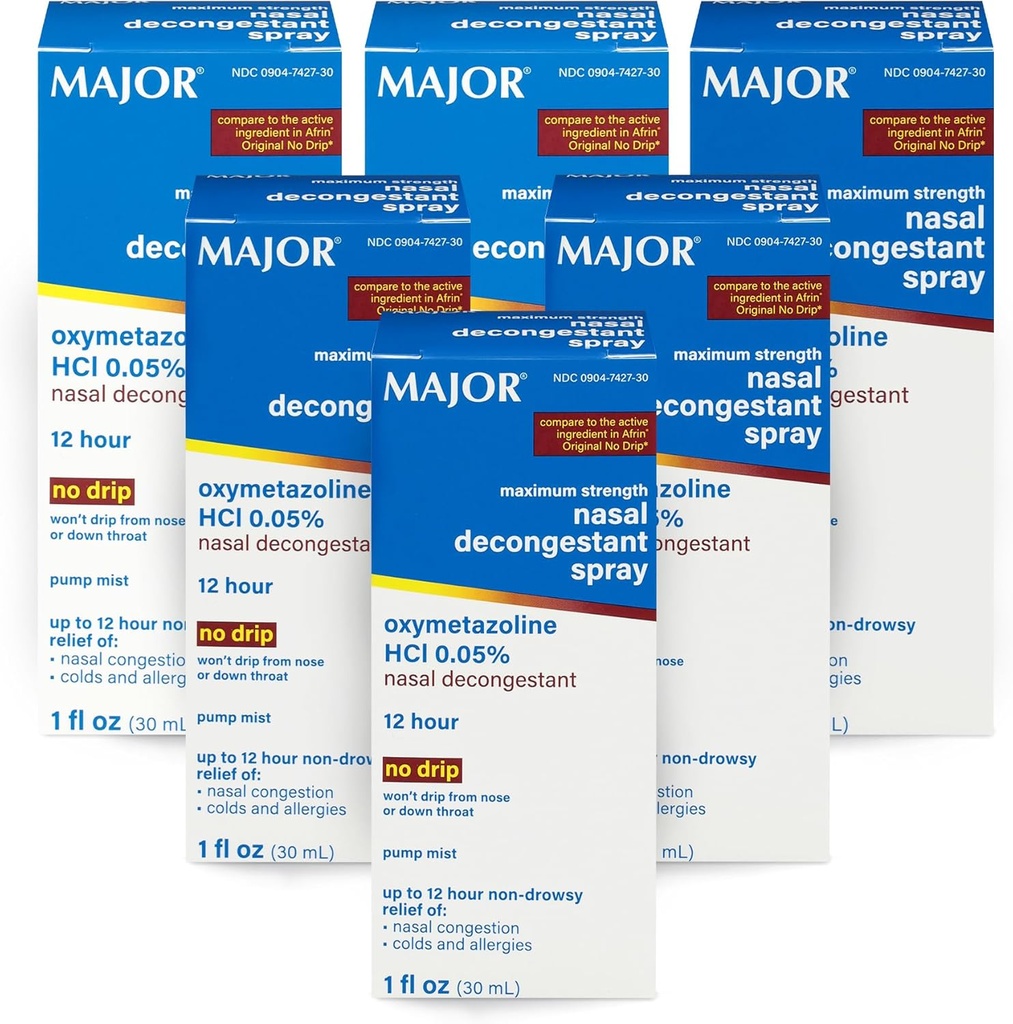 MAJOR Maximum Strength Nasal Decongestant Spray, Oxymetazolin HCl 0,05% Pump Mist, Non-Drowsy Nasal Spray, bis zu 12-Hour Relief von Nasal Congestion, Kälte und Allergien 1 Fl. Oz. (6-Pack)