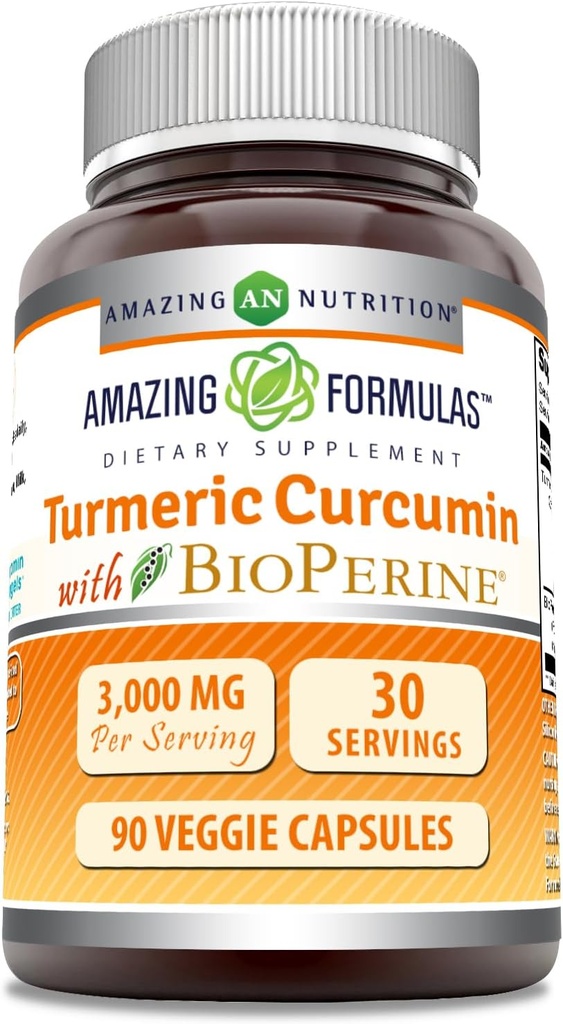 Formules étonnantes Curcumine curcumine avec Bioperine 3000 mg par portion ,90 Capsules de légumes Supplément , sans OGM , sans gluten , Fabriqué aux États-Unis