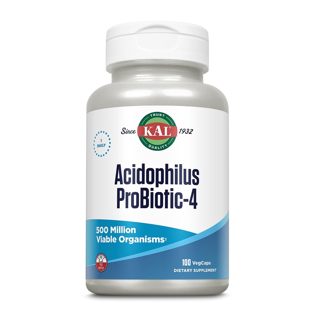 KAL Acidophilus ProBiotic-4, 500 Millionen CFUs, Four Probiotic Strains, Probiotics for Women and Men, Freeze Dried, L. acidophilus, L. bulgaricus, S. thermophilus, B. bifidum, 100 Servings, 100 VegCaps