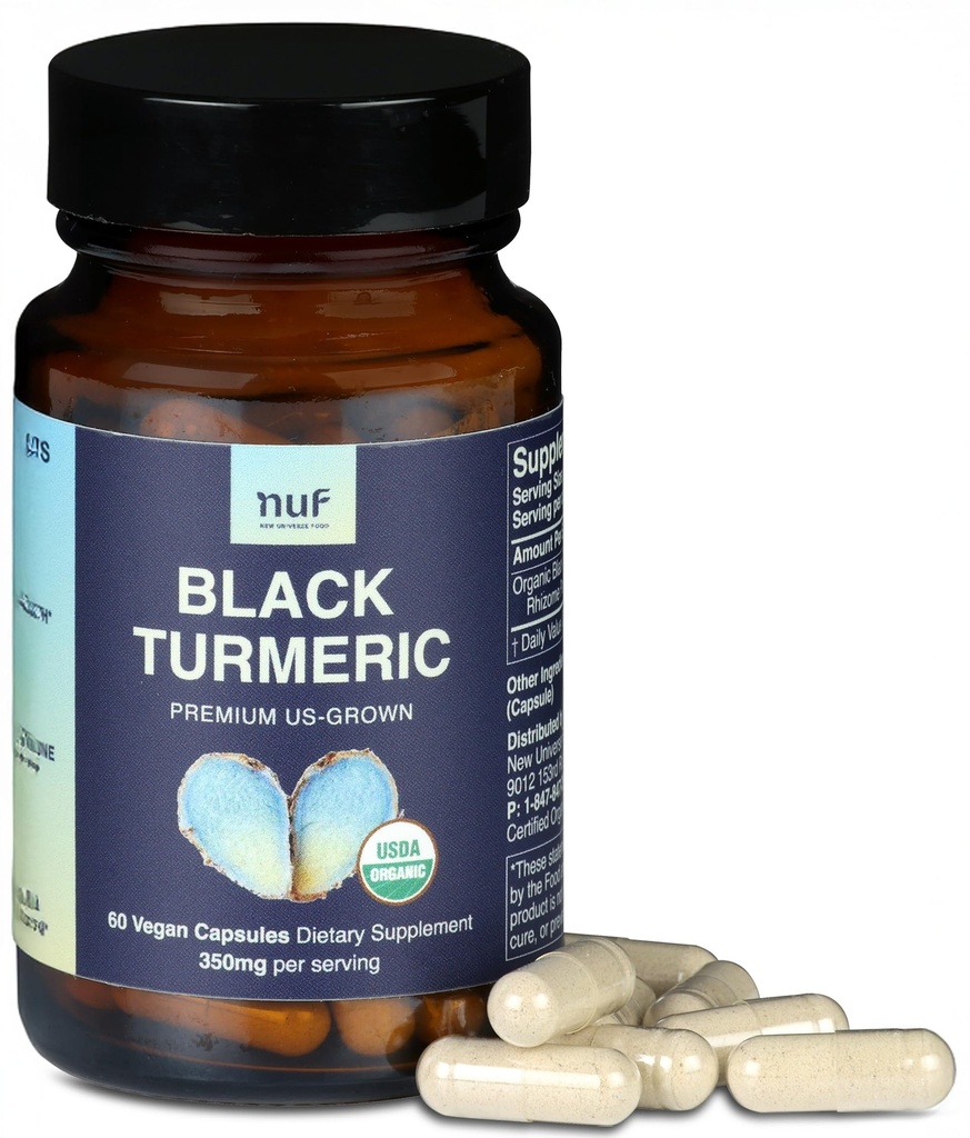 NUF- Organic Black Turmeric 350mg Capsules de végétalien à racines entières- É.-U. sans gluten - Soutien des articulations non OGM - Réponse inflammatoire saine - Fonction immunitaire appropriée