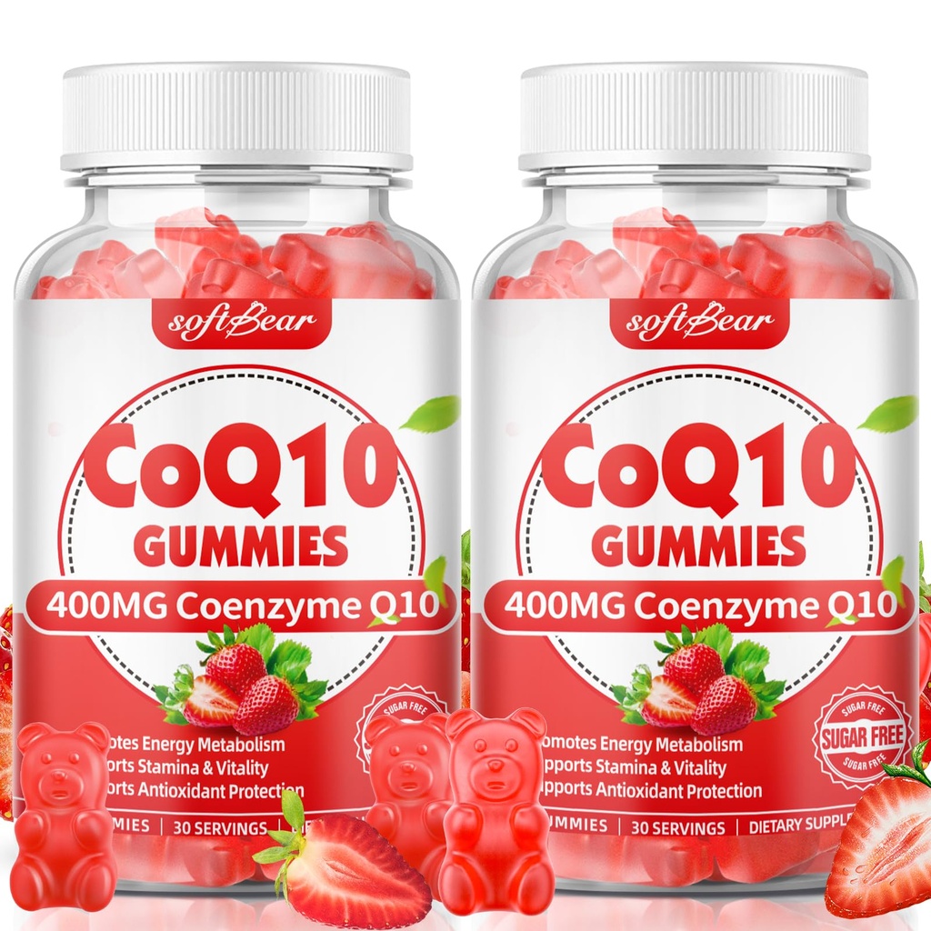 softbear CoQ10 Gummies 400mg Coenzyme Q10 Supplément pour adultes, haute absorption coq10 Plus Oméga-3, Magnésium, Vitamine B3 & Zinc pour l'énergie cellulaire et l'antioxydant, Fraise Flavor 120 Compte
